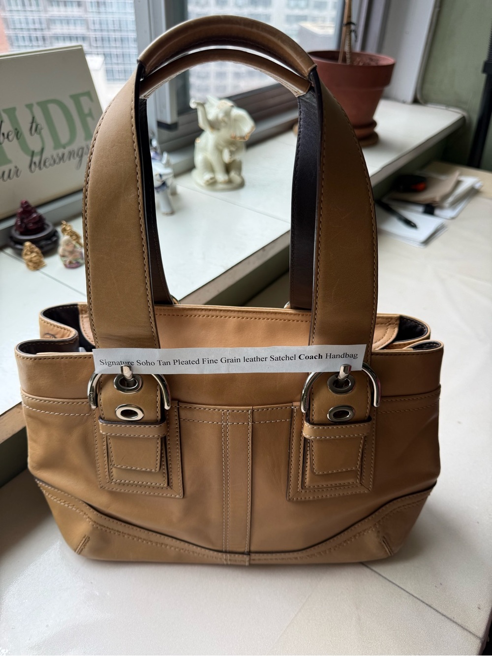 Coach Tan Leather Pleated Satchel with Silver-Tone Hardware